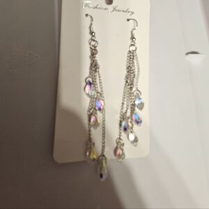 Fashion Jewelry Silver-Tone Chain Earrings with Iridescent Multicolor Drops